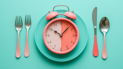 Clock, alarm clock lying on a plate next to a fork and spoon on a coloured background