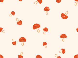 Seamless pattern with red mushroom on cream color background vector illustration.