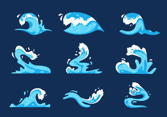 Cartoon wave splash. Ocean wave in motion, sprite sheet of curly sea waves, swirl aqua symbol and waterfall element. Vector isolated set - obrazy, fototapety, plakaty