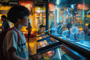 Young students are happily visiting the science museum - obrazy, fototapety, plakaty