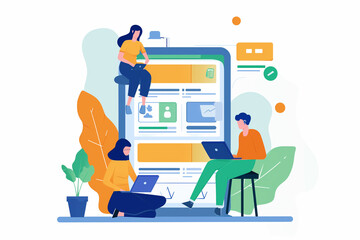 Obraz na płótnie Canvas Office employees working together using digital devices isolated in white background, friends working on business infographic elements, friends working together flat illustration wallpaper concept