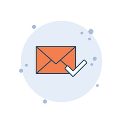 Cartoon envelope with checkmark vector illustration. Letter with check tick on bubbles background. Mail sign concept.