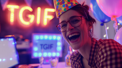 Business woman celebrating the start of weekend at office on Friday night having a party and sign TGIF Thank god it's Friday