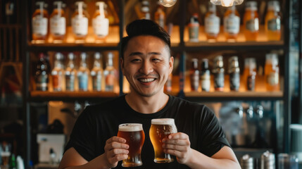 Portrait of an happy smiling Asian young man wearing a black tee, standing in a bar while holding two glasses of beer in his hands
