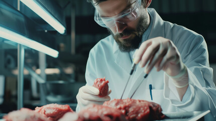 Scientist working on cultured meat in a laboratory - obrazy, fototapety, plakaty