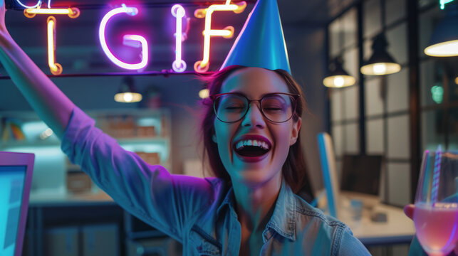 Business woman celebrating the start of weekend at office on Friday night having a party and sign TGIF Thank god it's Friday
