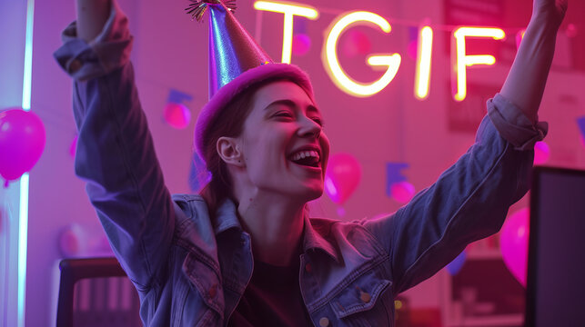 Business woman celebrating the start of weekend at office on Friday night having a party and sign TGIF Thank god it's Friday