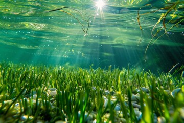 Fototapeta na wymiar clear water with close-up of aquatic plant and seagrass