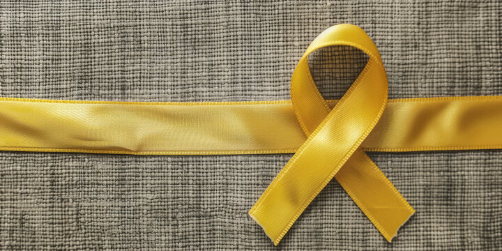 Yellow ribbon on textile background with copy space for endometriosis awareness month or sign for microencephaly and suicide prevention
