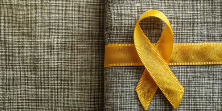 Yellow ribbon on textile background with copy space for endometriosis awareness month or sign for microencephaly and suicide prevention
