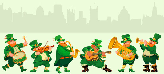 Funny musicians in leprechaun costumes. People, cartoon characters on silhouettes of old town background. Flat-style Illustration for St. Patrick's Day, an Irish holiday. Vector.