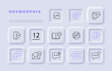Settings set line icon. Three dots, dialogue bubble, watch, smartphone, book, mail, correspondence. Neomorphism style. Vector line icon for business and advertising