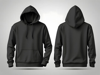 Black hoodie with a blank front and back view design, mockup, and white background design.
