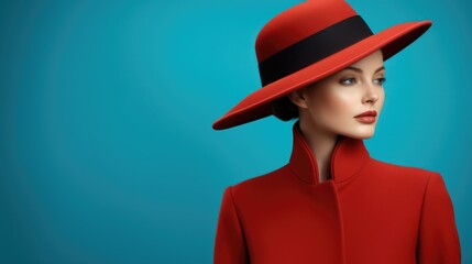 A stylish woman in a red hat and coat stands confidently against a vibrant blue background. Generative AI.