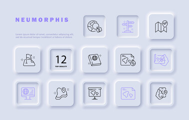Geography set line icon. Planet, globe, mail, gps label, atlas, map, compass, smartphone. Neomorphism style. Vector line icon for business and advertising