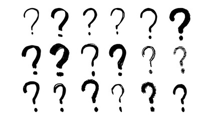 Set of hand drawn question marks, line stroke questions on a white background
