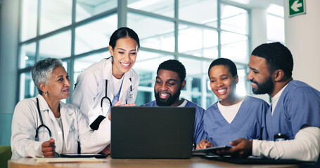 Healthcare, meeting and doctors, nurses and laptop in office with documents for medical compliance, surgery or planning. Hospital, team or people online for brainstorming, solution or problem solving