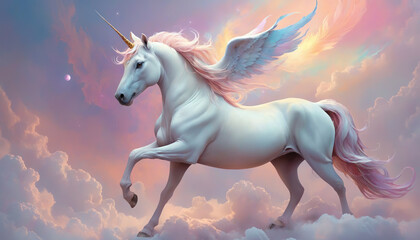 Naklejka na ściany i meble Fantasy Illustration of a wild unicorn Horse. Digital art style wallpaper background in pastel colors.