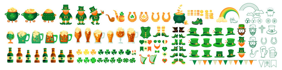 Set of symbols for St. Patricks Day. Cute Leprechaun hat, shoes, clover shamrock, pot, gold coins, pipe, horseshoe. Illustration for Spring holiday March 17 St Patrick. Irish holiday. Vector.