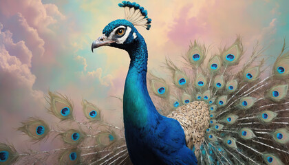 Fototapeta premium Fantasy Illustration of a wild Peafowl. Digital art style wallpaper background with peacock in pastel colors.