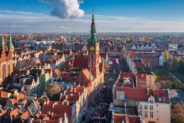 Aerial view of Main town in Gdansk by the Motlawa river in Gdansk, Poland