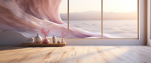 Interior of a living room with wooden floor, designed wall, window and vase. Created with Ai