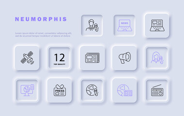 News set line icon. Reporter, microphone, weather forecast, economy, elections, finance chart. Neomorphism style. Vector line icon for business and advertising
