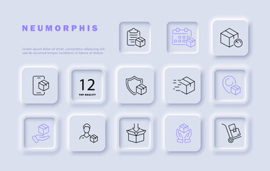 Delivery set line icon. Box, speed, calendar, smartphone, shield, delivery person, app. Neomorphism style. Vector line icon for business and advertising