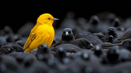 There is a yellow bird in the middle of the black flock, comic