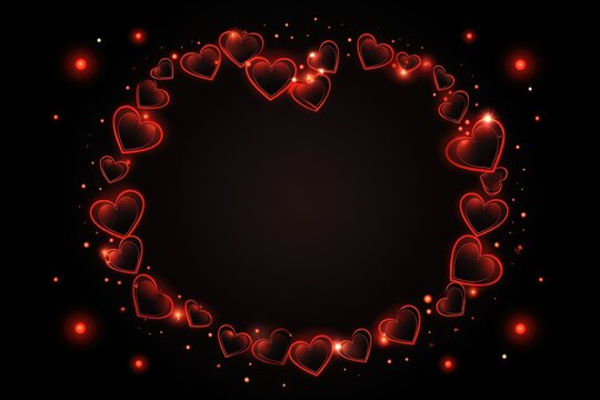 A photo featuring a circle made up of red hearts on top of a black background.