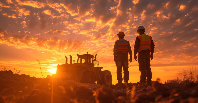 Two workers in safety waistcoats and helmets against the background of sunset and working machinery, excavator tractor © Alina Zavhorodnii
