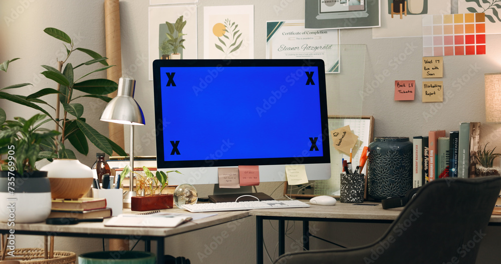 Aufkleber office, mockup or green screen on computer to research network, chroma key marker or web design. bac