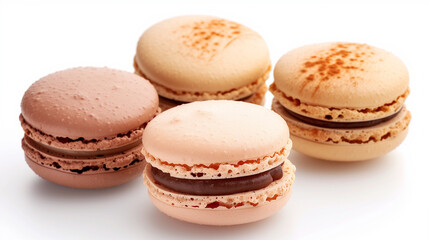 Fototapeta premium Beige monochrome background with balanced macaroons. Macarons french pastries. Isolated white macarons collection. Vanilla or coconut macaroon at different angles isolated on white background. 