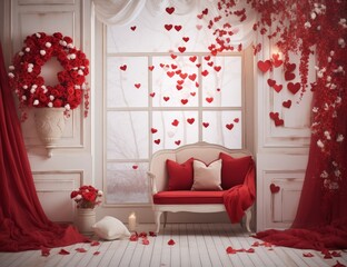 A beautifully decorated room for Valentine's Day with heart motifs, red roses, and an elegant sofa, invoking a romantic atmosphere.
