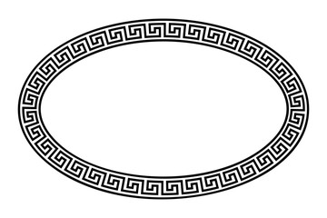 Oval meander frame with seamless Greek key pattern. Decorative border with Greek fret motif, constructed from continuous lines, and shaped into a repeated motif. Isolated black and white illustration.