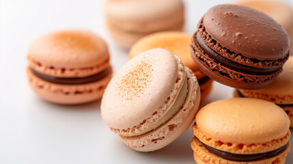 Fototapeta premium Beige monochrome background with balanced macaroons. Macarons french pastries. Isolated white macarons collection. Vanilla or coconut macaroon at different angles isolated on white background. 