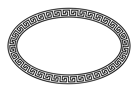 Oval meander frame with seamless Greek key pattern. Decorative border with Greek fret motif, constructed from continuous lines, and shaped into a repeated motif. Isolated black and white illustration.