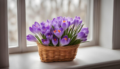 Beautiful Crocus flowers in wicker basket near window.