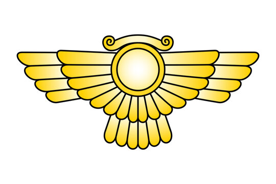Winged sun emblem of god Ashur, a sun disk with wings. Also spelled Ashshur, the main god of Assyrian mythology in Mesopotamian religion, and the city god of the eponymous Mesopotamian city of Assur.