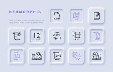 Distance learning set line icon. Laptop, online meeting, coursework, lecture, book, university, quarantine, self-isolation. Neomorphism style. Vector line icon for business and advertising