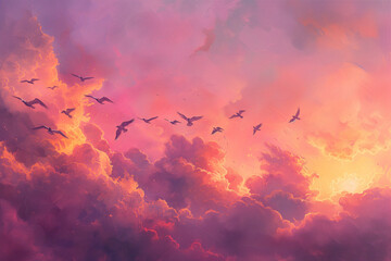 Fototapeta premium birds flying in the sunset, beautiful sunset, magical sunrise, beautiful sky, birds in the sky