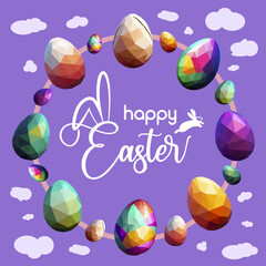 Happy Easter banner with variety of egg in low poly design easter egg on bright purple background