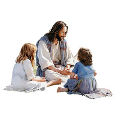 Watercolor print of Jesus, mother and child playing