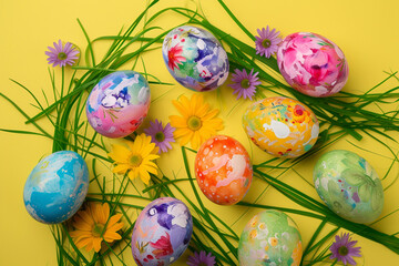 Obraz na płótnie Canvas easter card, easter bunny with eggs, easter eggs and flowers, easter eggs in a basket, easter eggs and flowers on a white background, easter wall paper and background for social media 