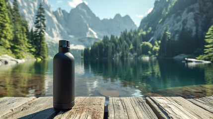 Reusable water bottle on wooden pier with mountain lake landscape. Eco-friendly living.