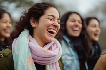 Obraz premium woman with pastel scarf, laughing, in a group of friends
