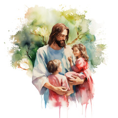 Watercolor print of Jesus, parent and child