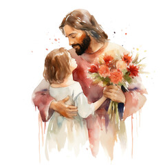 Watercolor print of Jesus, person with a bouquet of flowers