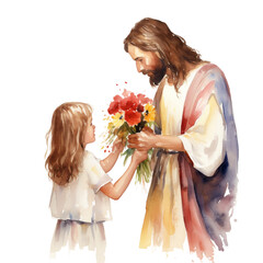 Watercolor print of Jesus, child with flowers