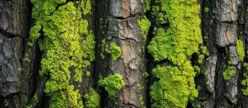 A detailed view of a terrestrial plant growing on a tree trunk in a natural landscape. The green moss adds a vibrant touch to the forest setting.